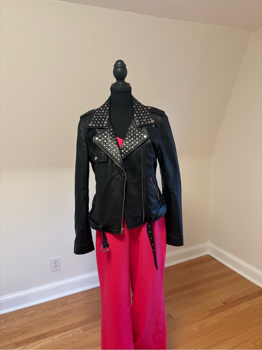 Studded Black Leather Moto Jacket - Women's